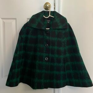 Talbots Green Black Plaid Tartan Cape Poncho - S/M